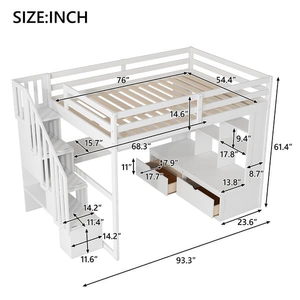 dimension image slide 0 of 2, Full Size Loft Bed with Desk and Shelves,Two Drawers,Storage Staircase