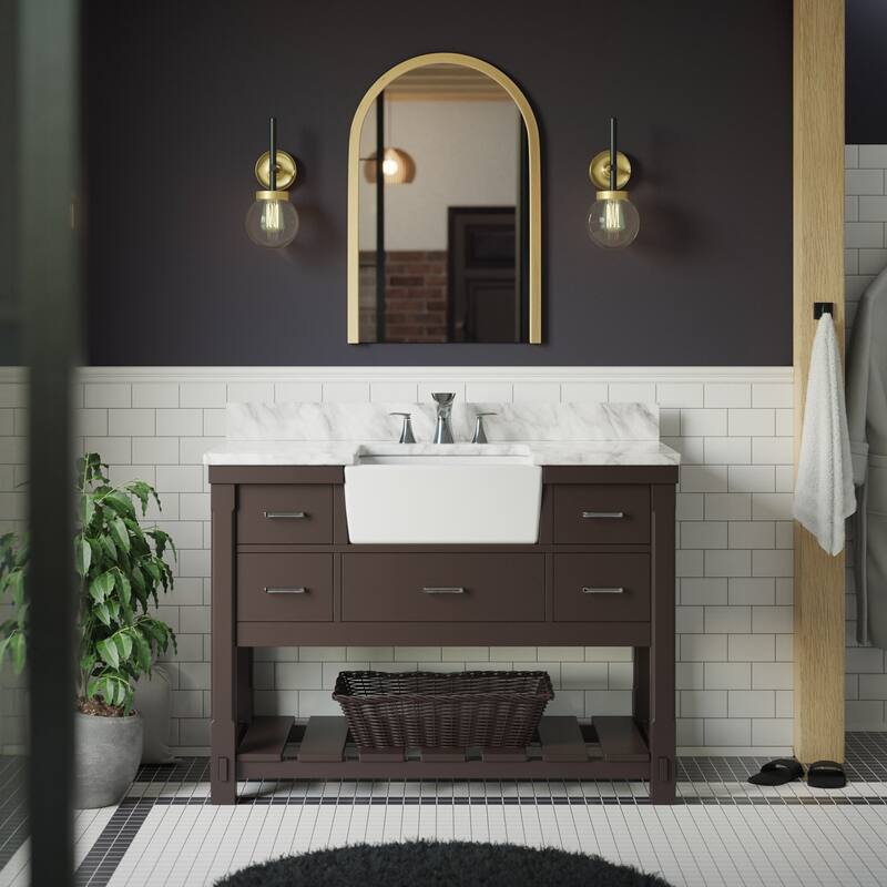 KitchenBathCollection Charlotte 48" Farmhouse Bathroom Vanity with Carrara Marble Top - Chocolate