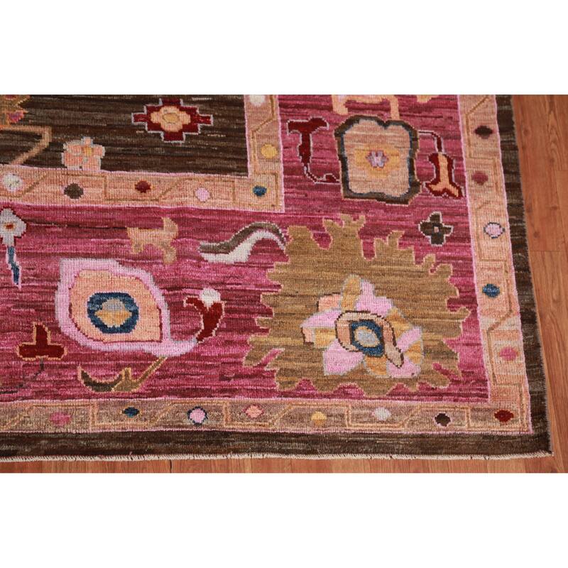 Hand Knotted Oriental 100% Wool Carpet Transitional All-Over Brown Oushak Area Rug - 11' 9'' X 9' 5''