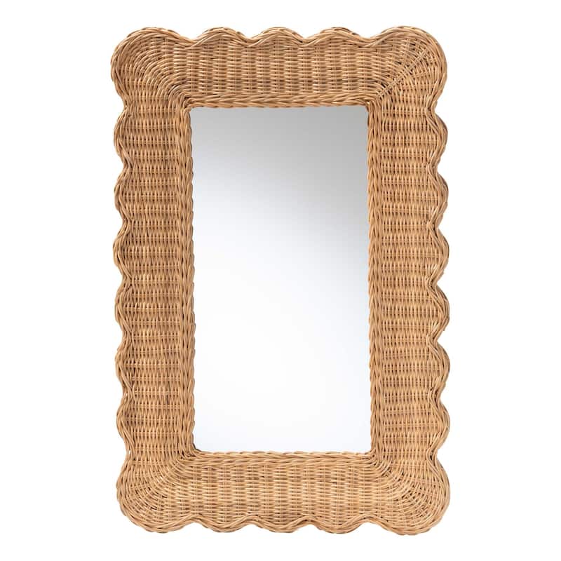Makoto Scalloped Natural Rattan Wall Mirror - Handwoven Wicker Oval Frame, Boho Coastal Accent Decor for Entryway or Bedroom