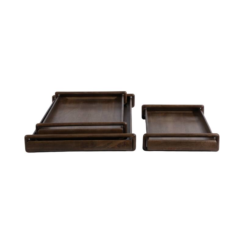 Wooden Decorative Tray with Side Handles - Set of 3 - Brown, 18"-22" - 26.0"