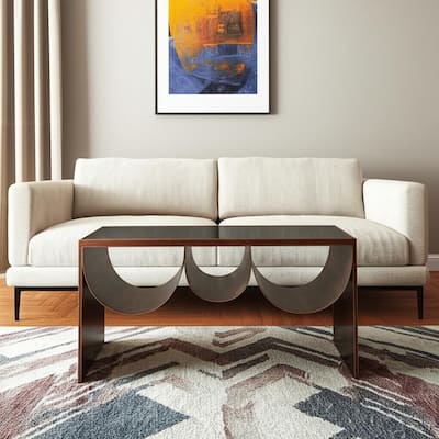 HomeRoots 32" Black and Copper Mirrored Glass and Steel Solid Coffee Table - 32.00 in. x 16.50 in. x 16.00 in.