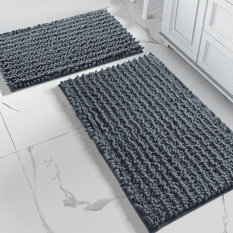 2 Piece Set Dark Grey Soft Cozy Plush Chenille Bath Mat Bathroom Rug - 24" x 16"/32" x 20" - Dark Grey