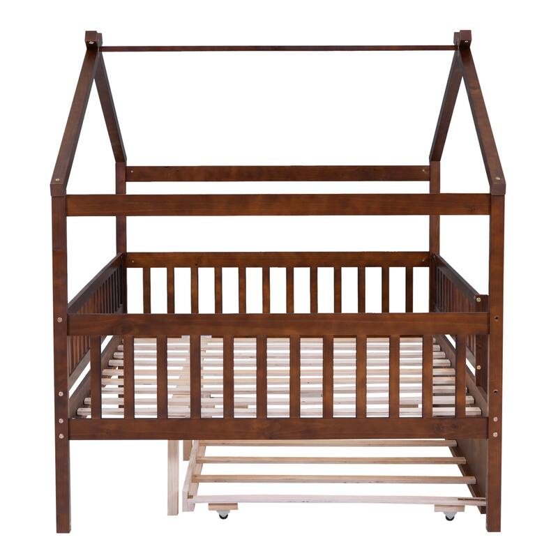 Pine House Bed with Trundle, Guardrail & Roof