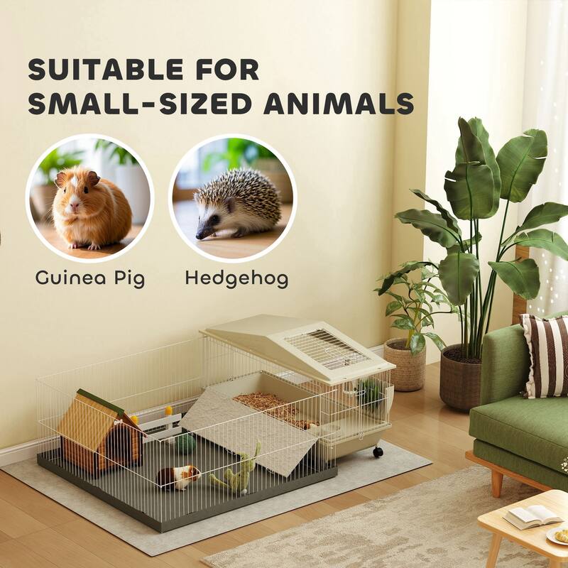 PawHut Small Animal Cage with Removable Pet Playpen, Guinea Pig Cage with Waterproof Pad, Hay Feeder
