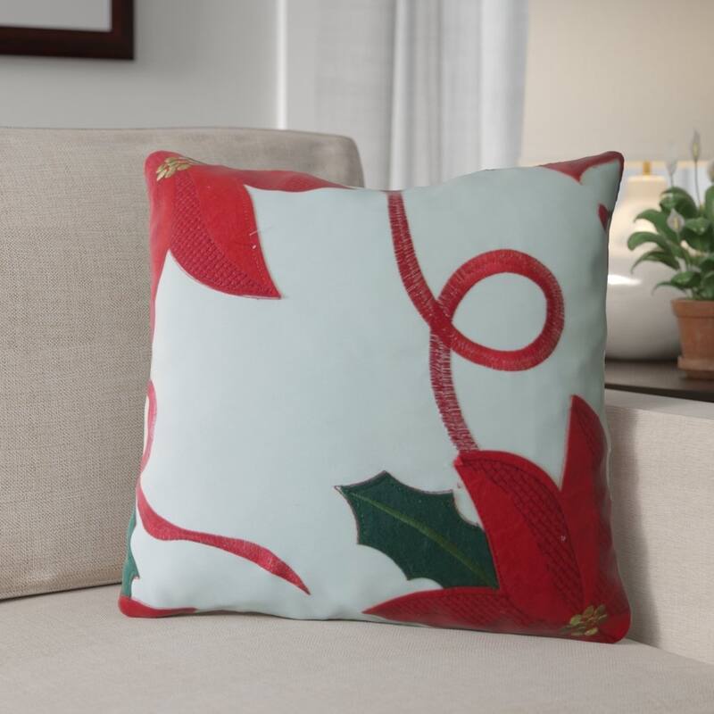 Violet Linen Decorative Christmas Embroidered Poinsettias Bloomy Pattern Decorative Throw Pillow
