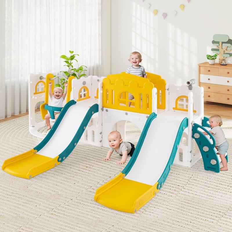 10 in 1 Toddler Slide and Swing Set with Double Slides Climber Basketball Hoop and Tunnel Indoor Outdoor Playset for Kids