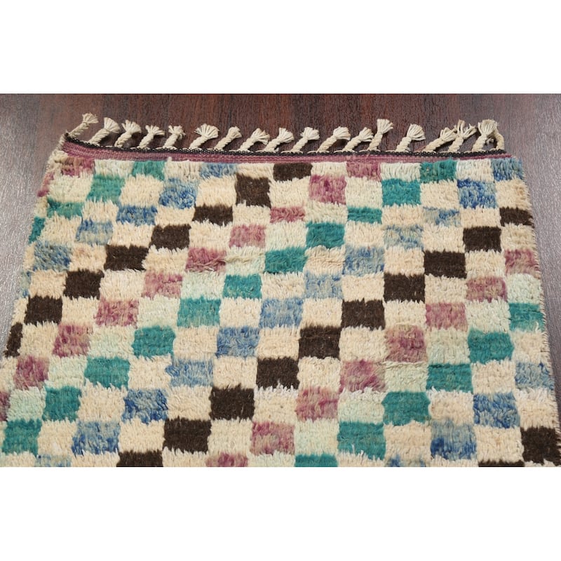 Modern Checkered Moroccan Oriental Wool Runner Rug Hand-knotted Carpet - 2'11" x 12'10"