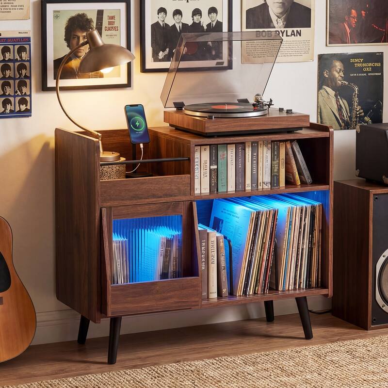 Gymax Record Player Stand w/LED Light Power Outlets Sliding Door Vinyl