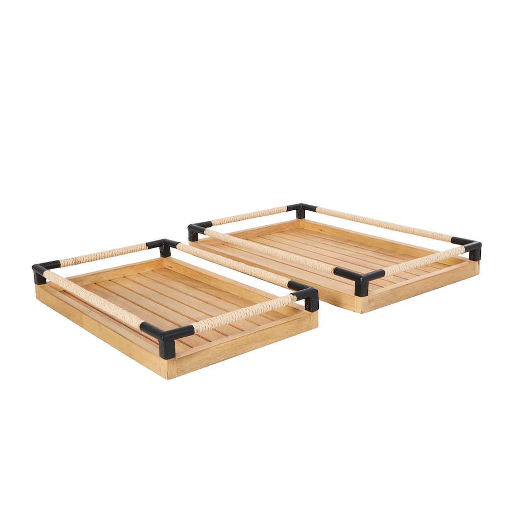Wood Slatted Tray with Elevated Woven Sides and Black Metal Corners - Set of 2 Brown - Roche River Decor - 12"W x 19"L x 3"H
