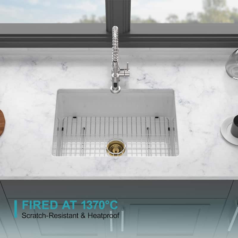 Undermount Single Bowl Fireclay Kitchen Sink - Dual Mount White Porcelain Fireclay Rectangular Deep Single Bowl Sink Basin