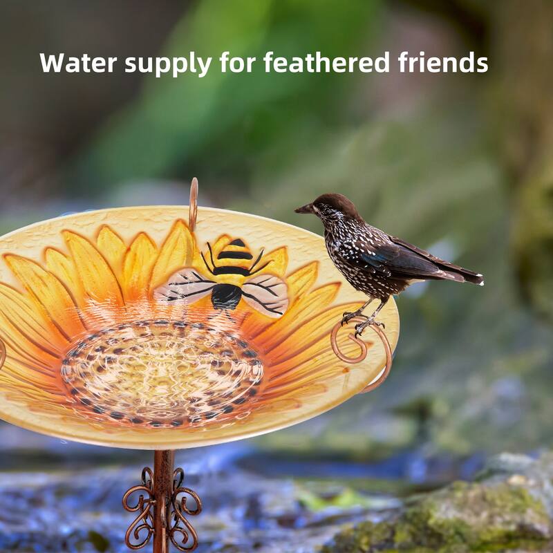 Tall Glass Birdbath Birdfeeder with Metal Stake Garden Yard Outdoor