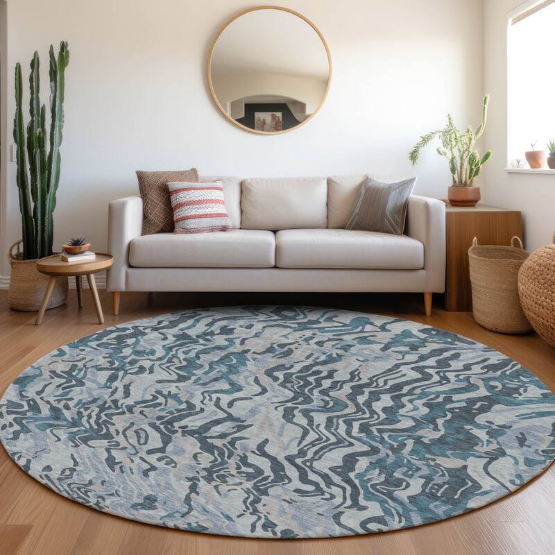 Machine Washable Indoor/ Outdoor Abstract Flow Chantille Rug - Sky - 8' x 8'