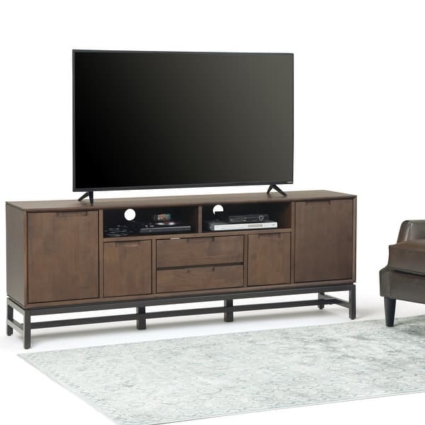 slide 13 of 12, WYNDENHALL Devlin SOLID HARDWOOD 72 inch Wide Industrial TV Media Stand in Walnut Brown For TVs up to 80 inches Walnut Brown
