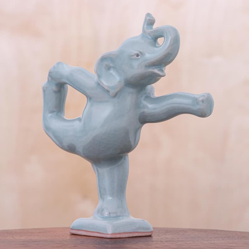 Novica Handmade Elephant Mountain Pose Celadon Ceramic Figurine
