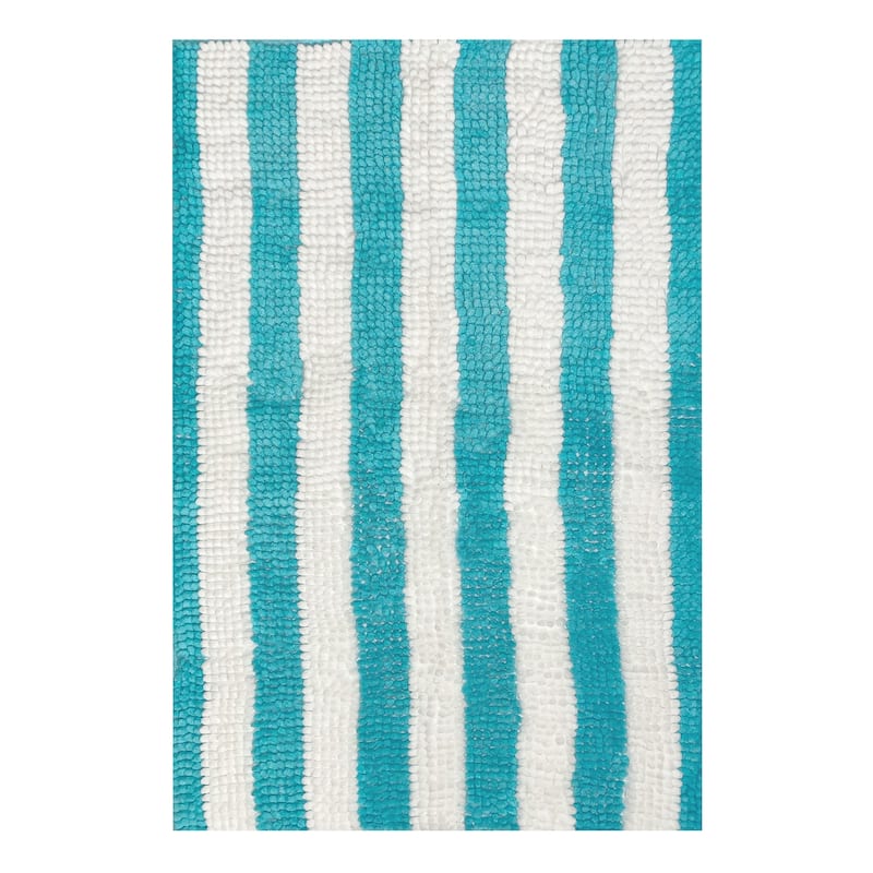 2 Piece Set Light Blue Stripe Soft Cozy Plush Chenille Bath Mat Bathroom Rug