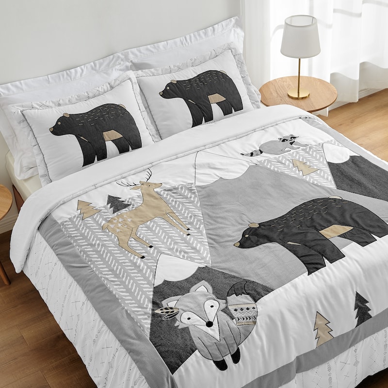 Sweet Jojo Designs Beige Grey Boho Mountain Animal Woodland Forest Friends Collection Unisex Boy or Girl 2-pc Twin Comforter Set