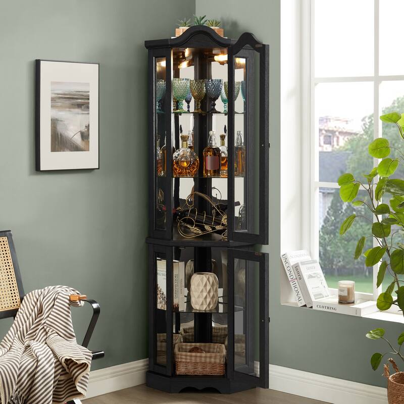Lighted Corner Curio Cabinet, Freestanding Glass Display Cabinet, Wooden China Cabinet with Tempered Glass Doors & Shelves