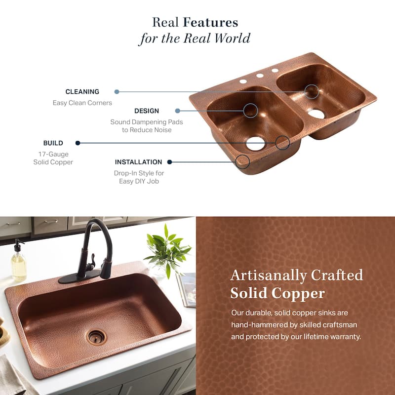 Angelico Copper 33" Double Bowl Drop-In Kitchen Sink with 3 Holes