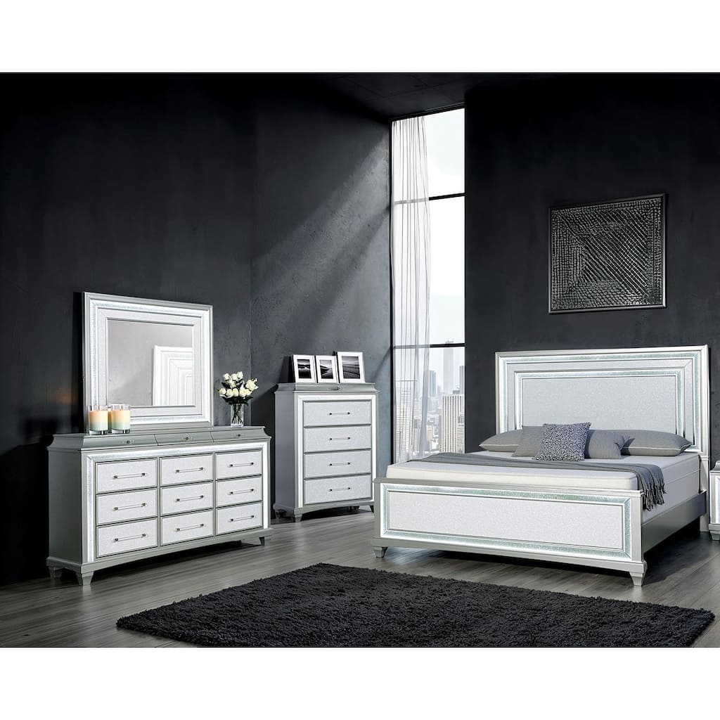 4pc Gray Glam Led Bedroom Set Bed Chest Dresser Mirror