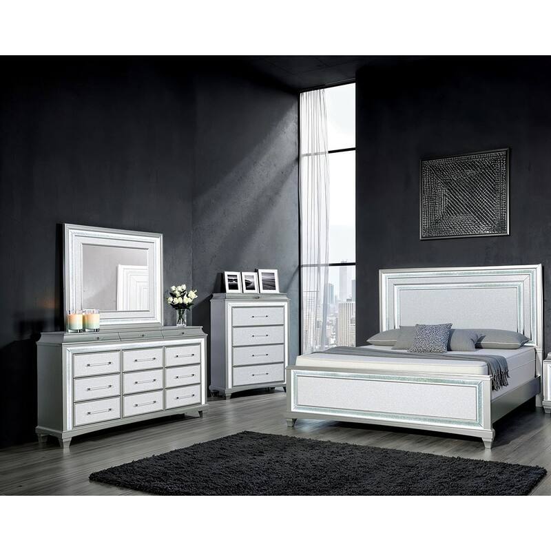 4pc Gray Glam Led Bedroom Set Bed Chest Dresser Mirror