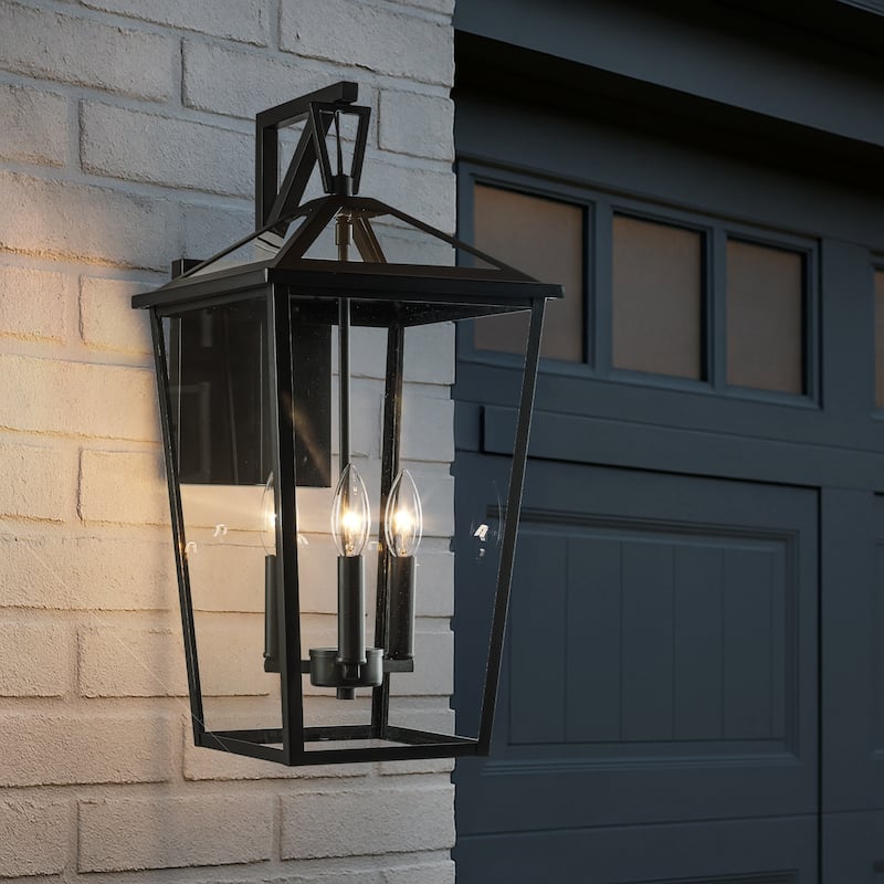 Modern Matte Black Outdoor Wall Lantern with Clear Tempered Glass Open Bottom Design Exterior Light Fixture for Entryway
