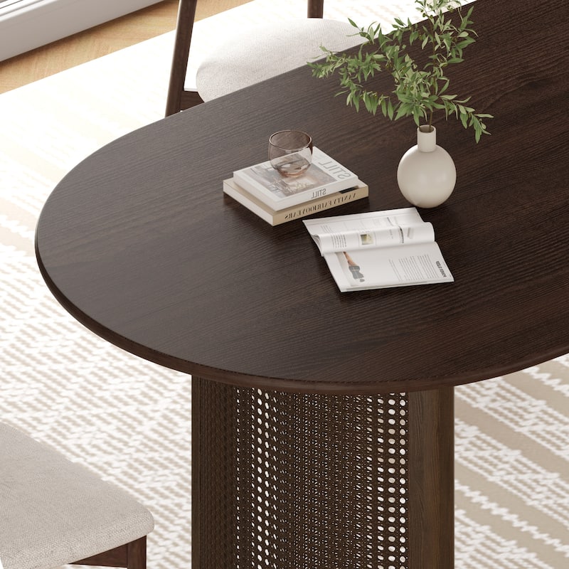 67"L×33.5"W Oval Wood Dining Table Double Rattan Pedestal Kitchen Table