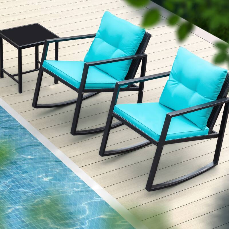 Lacoo 3 Piece Rocking Bistro Set Wicker Patio with Glass Coffee Table