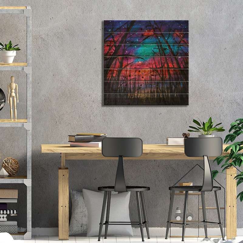 Beautiful Starry Sky Through Trees In Forest Print On Wood by Valery Rybakow - Multi-Color