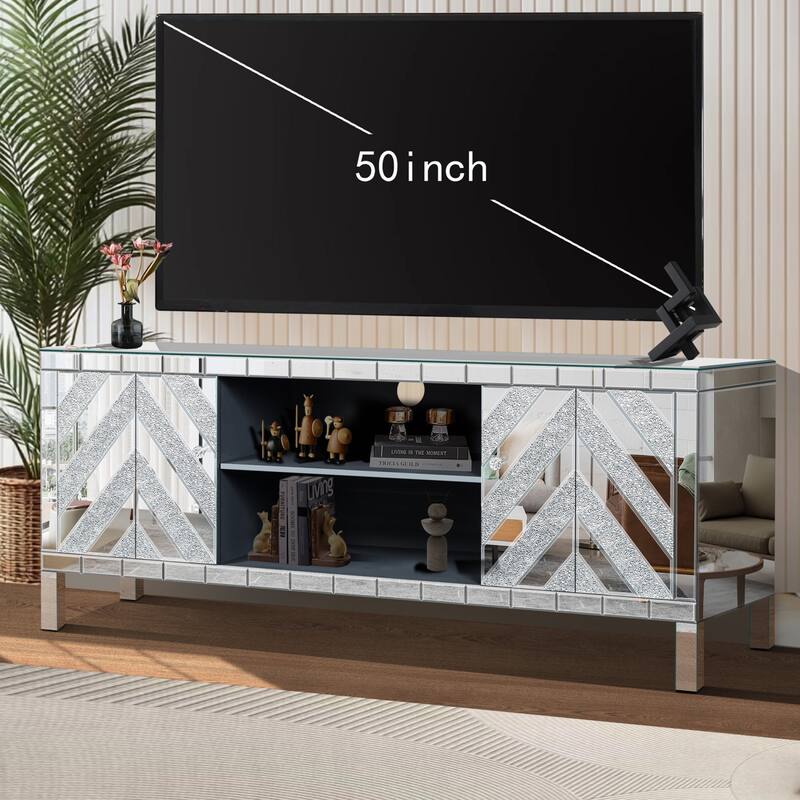 Roomfitters 47" Mirrored TV Stand for 50" TVs, Silver Media Console with Diamond Glass Doors & Open Storage Space