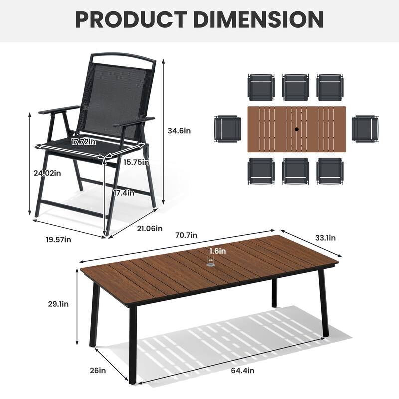 9-Piece Outdoor Dining Set Patio Dining Table with Umbrella Hole and Folding Chairs