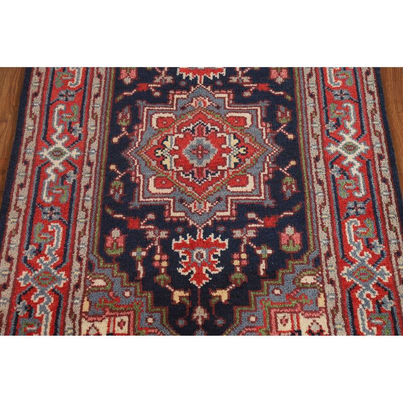 Hand Knotted Oriental 100% Wool Carpet Traditional Medallion Navy Blue & Blues Heriz (serapi) Area Rug - 4' 10'' X 3' 0''