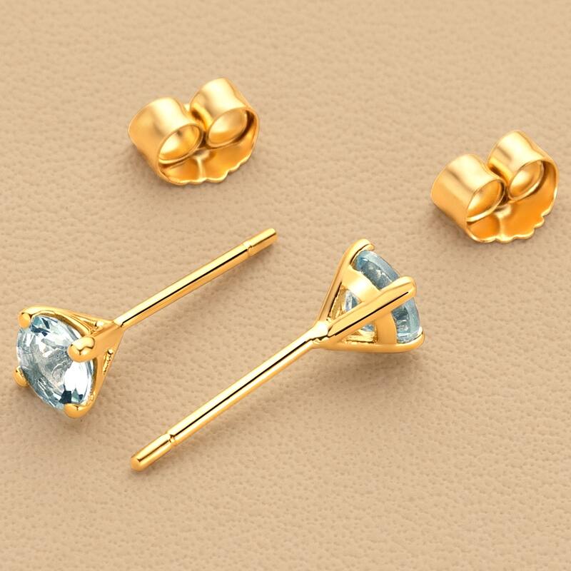 14k Gold 4mm Round Aquamarine Solitaire Stud Earrings
