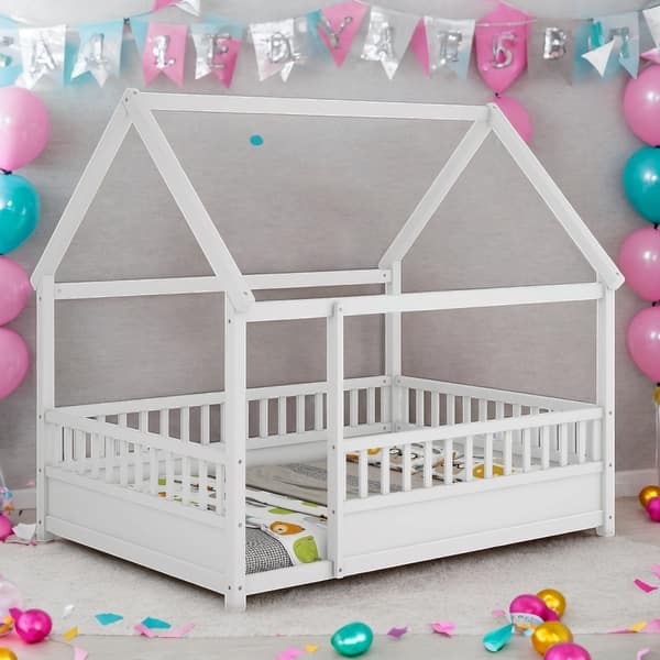 slide 2 of 22, Full Size Floor House Bed with Fence Guardrails White