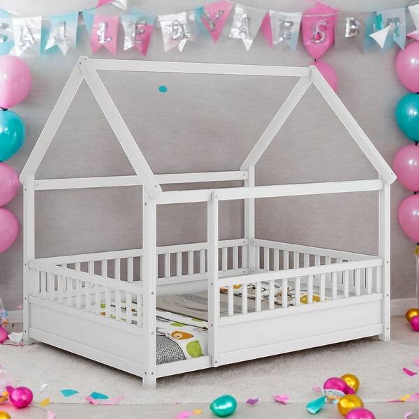 slide 2 of 22, Kids and Baby Full Size Floor House Bed with Fence Guardrails White