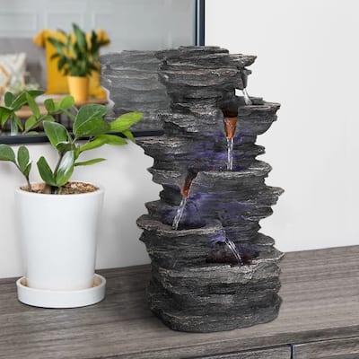 4-tiers Indoor Water Fountains Rockery Waterfalls Office Table Top Garden Decor - 15.7"H