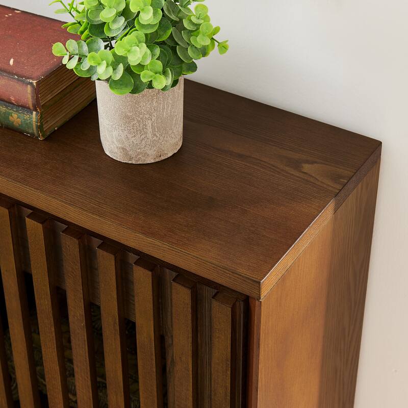 Mid-Century Modern Fluted Sideboard Cabinet with Outlet Holes, Solid Wood Buffet Storage Cabinet for Living Room