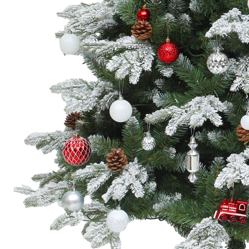 Moasis 7.5ft Prelit Flocked Tiered Christmas Tree with Remote, 1200 Tips, 36 Pine Cones, 11 Light Modes