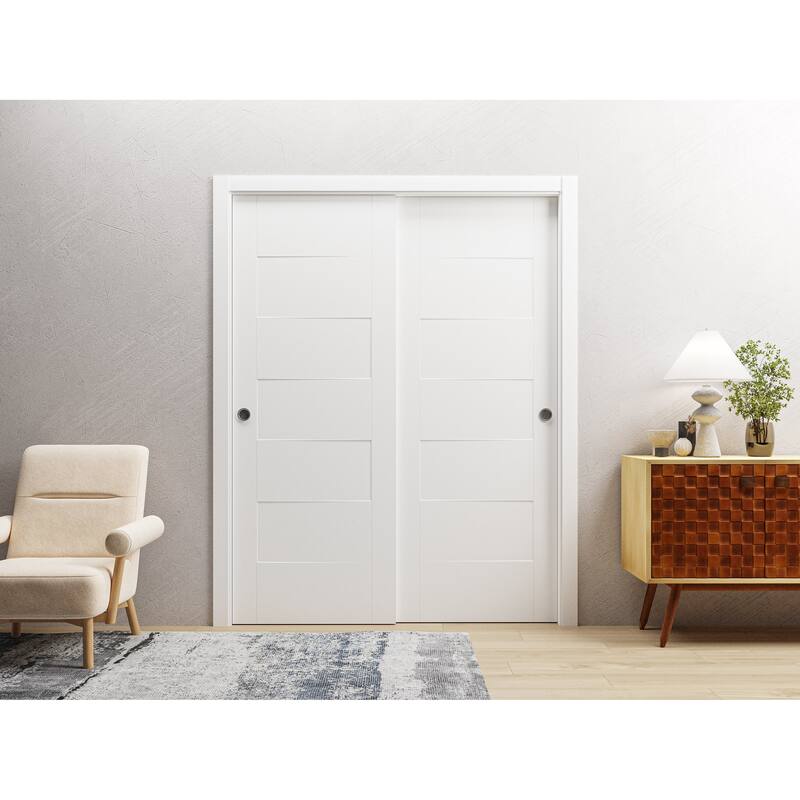 Sliding Closet Bypass Doors / Mela 0755 Painted White / Rails / Wood Solid Bedroom Wardrobe Doors
