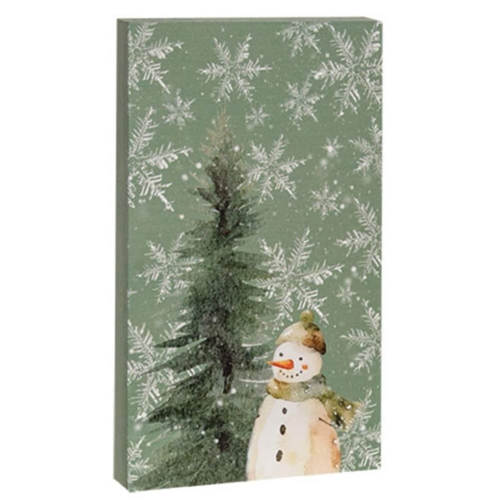 Sage Green Wood Winter Forest Snowman Block Decorative Figurine for Tabletop - 5” L X 1” W x 8.50” H