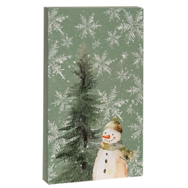 Sage Green Wood Winter Forest Snowman Block Decorative Figurine for Tabletop - 5” L X 1” W x 8.50” H