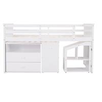White Wood Loft Bed Low Study Twin Size Loft Bed with Storage Steps and ...