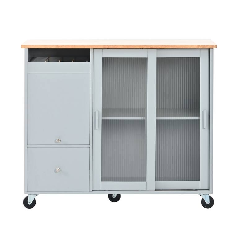 Rubberwood Kitchen Cart with Drop Leaf, Internal Storage Rack, Flip Cabinet Door, and 2 Drawers