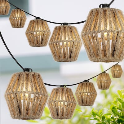 Maui 10-Light Indoor/Outdoor 10 ft. Mid-Century Classic Incandescent C7 Lantern Rope Shaded String Lights, Brown, by JONATHAN Y