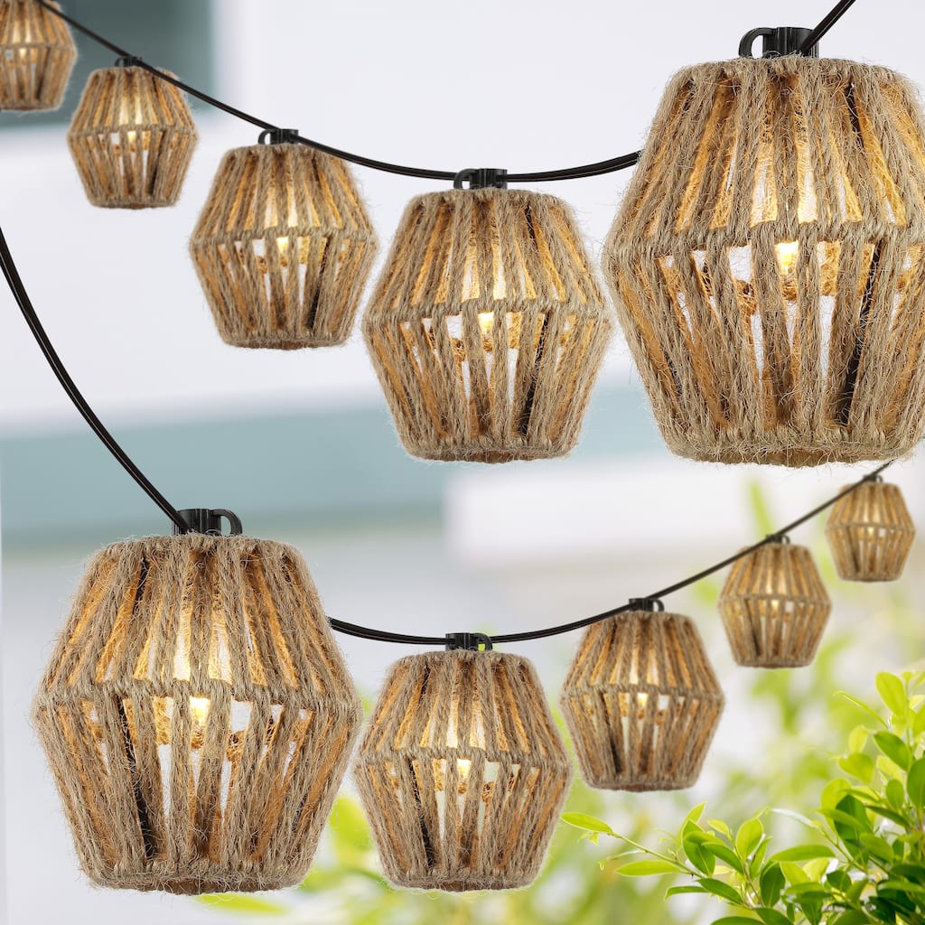 Maui 10-Light Indoor/Outdoor 10 ft. Mid-Century Classic Incandescent C7 Lantern Rope Shaded String Lights, Brown, by JONATHAN Y