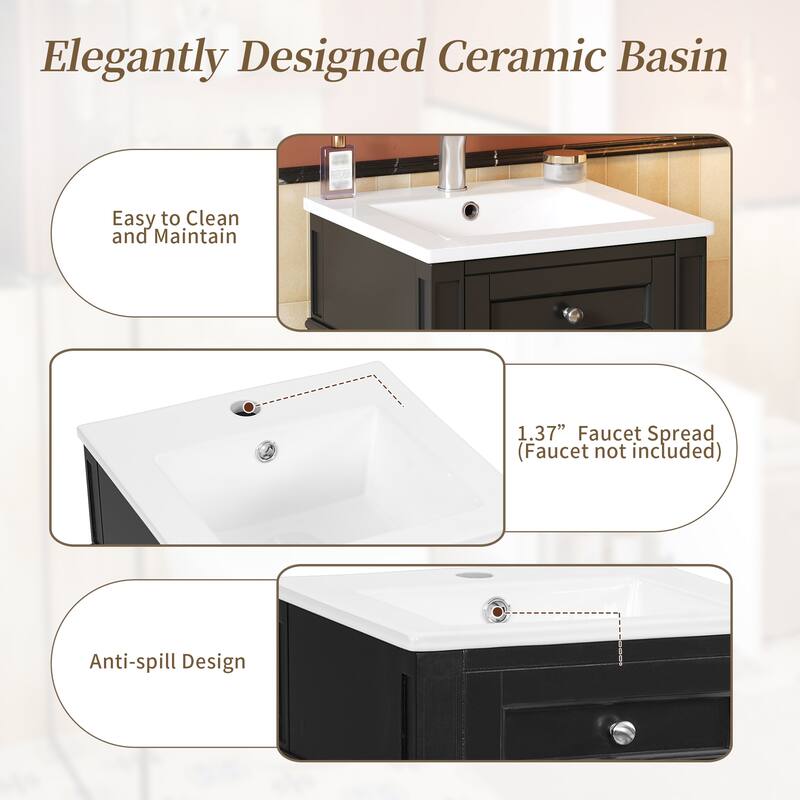 16" Bathroom Vanity with Ceramic Sink, Freestanding Single Vanity Set with Soft Closing Door, Adjustable Shelf, French Style