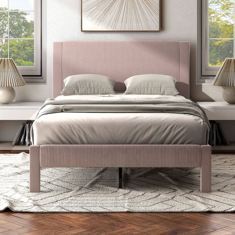 Furniture of America Alyssa Modern Velvet Upholstered Platform Bed with Channel Headboard and Wooden Slats
