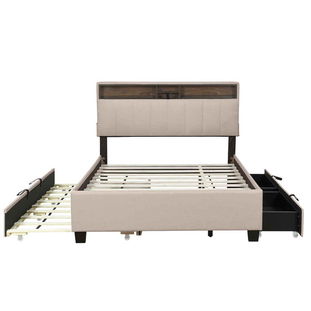 Upholstered Full Size Storage Platform Bed w/ Twin XL Trundle & USB Ports