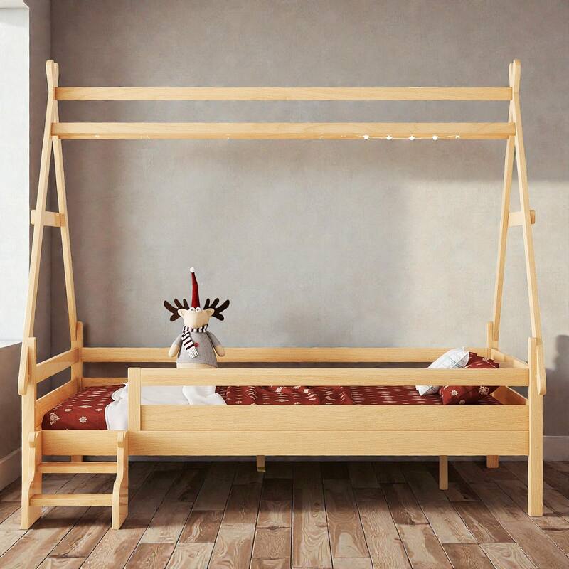 Twin/Full House Platform Bed with Stairs, Solid Wood Low Profile Kids Bed Frame, Fun Playhouse Design for Children