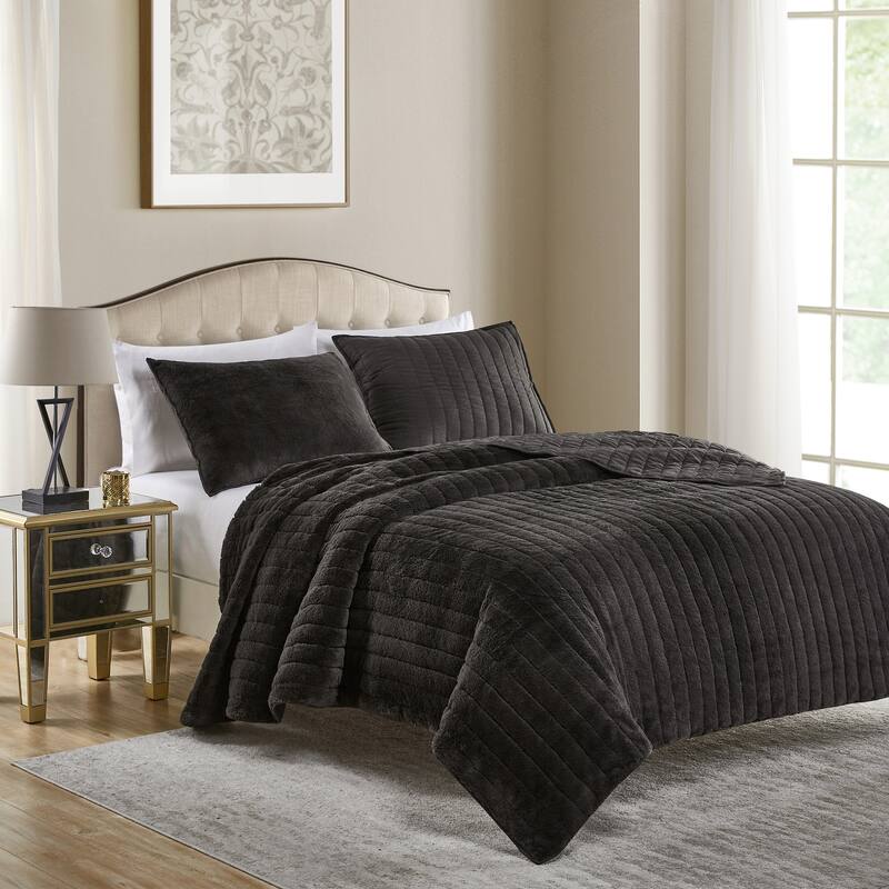 Beaute Solid Faux Fur Quilted Comforter Set,3-piece Reversible lightweight Shaggy Blanket Coverlet Bedding Set